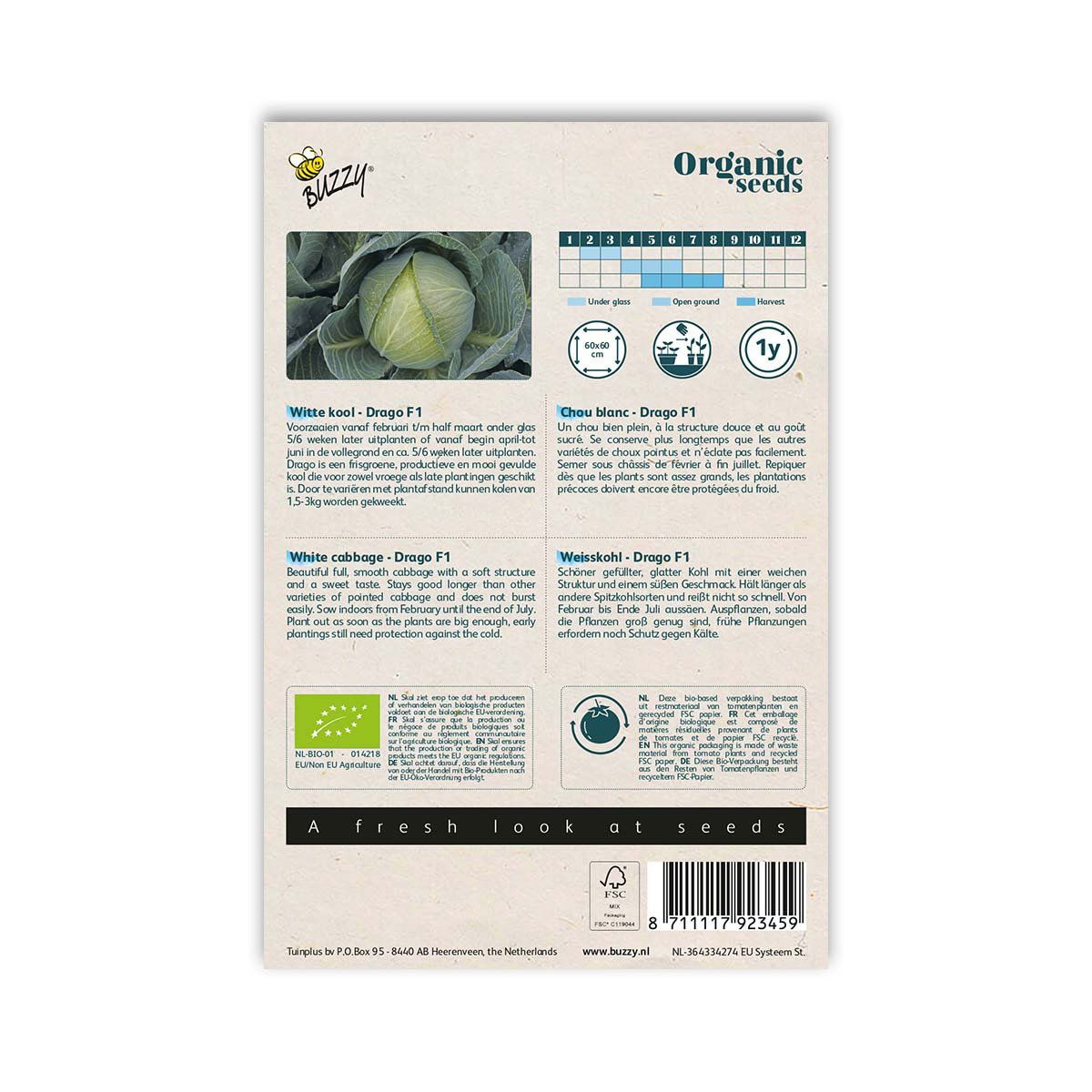 Buzzy Organic Seeds hvidkål Drago F1 frøpose