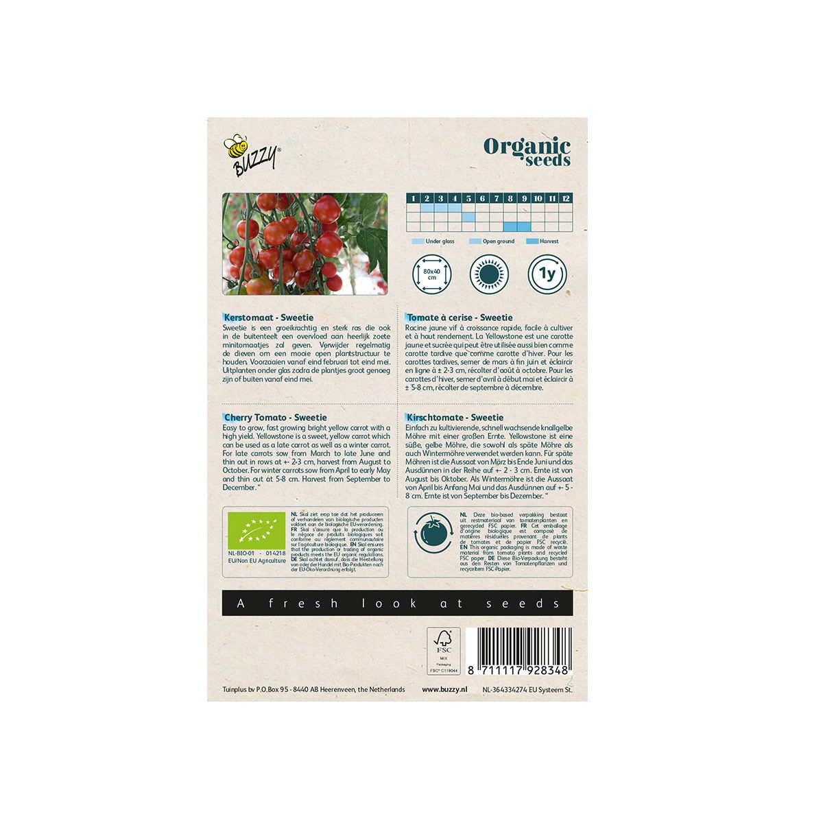 Bagside af pose med økologiske cherrytomatfrø Sweetie
