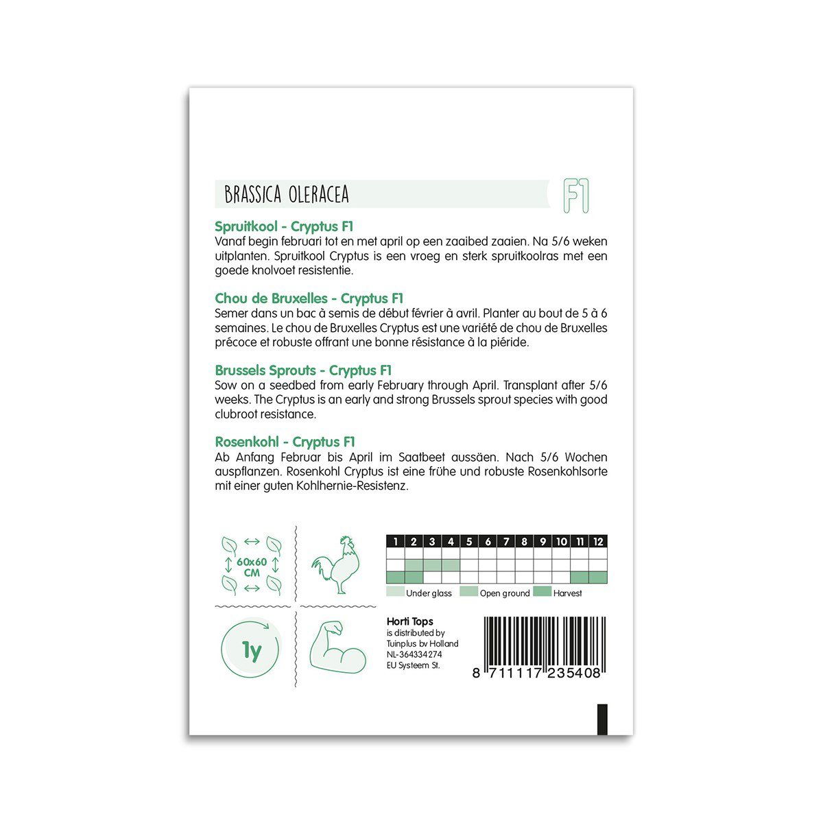 Bagside af frøpose til Rosenkål Cryptus F1 med såråd