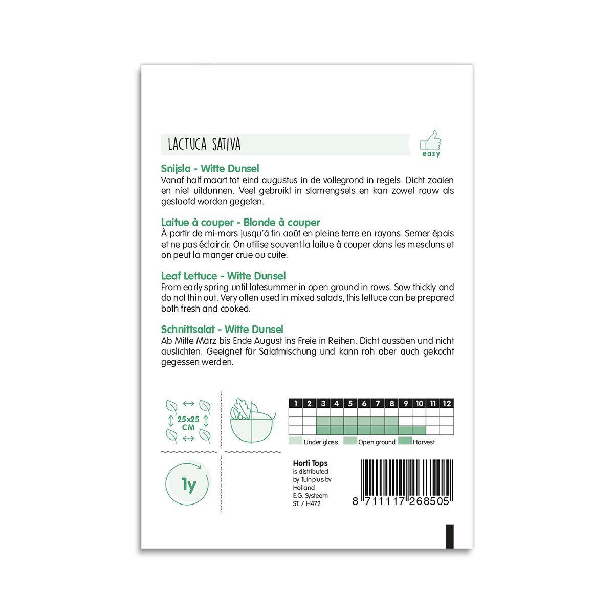 Bagside af frøpose til snitsalat Witte Dunsel