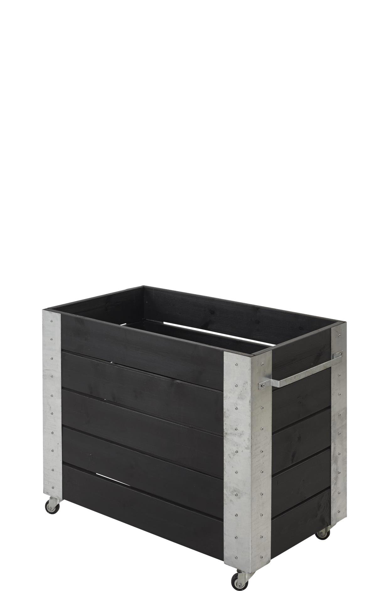 Rektangulær sort plantekasse i træ og metal på hjul