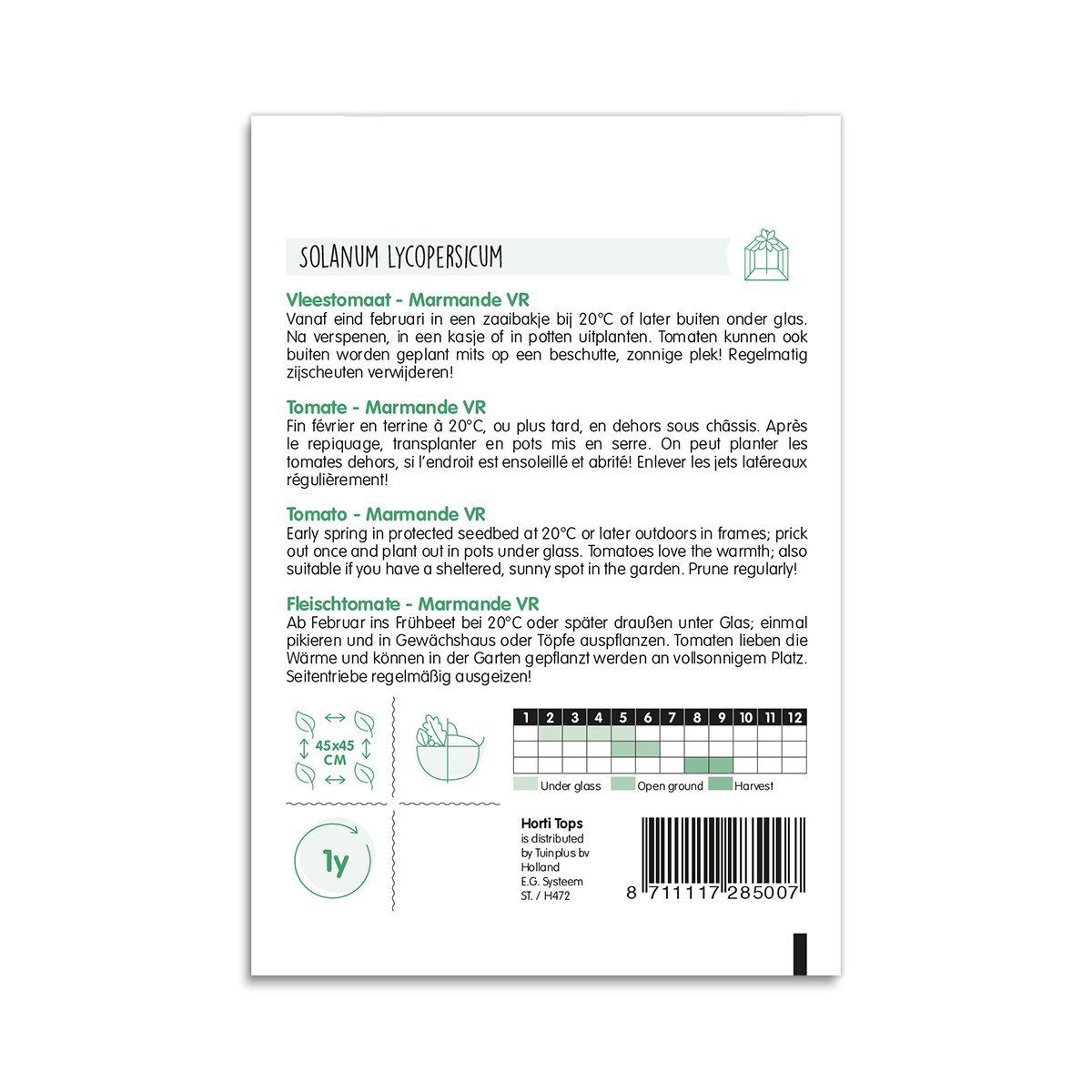 Bagside af pose med Marmande VR tomatfrø