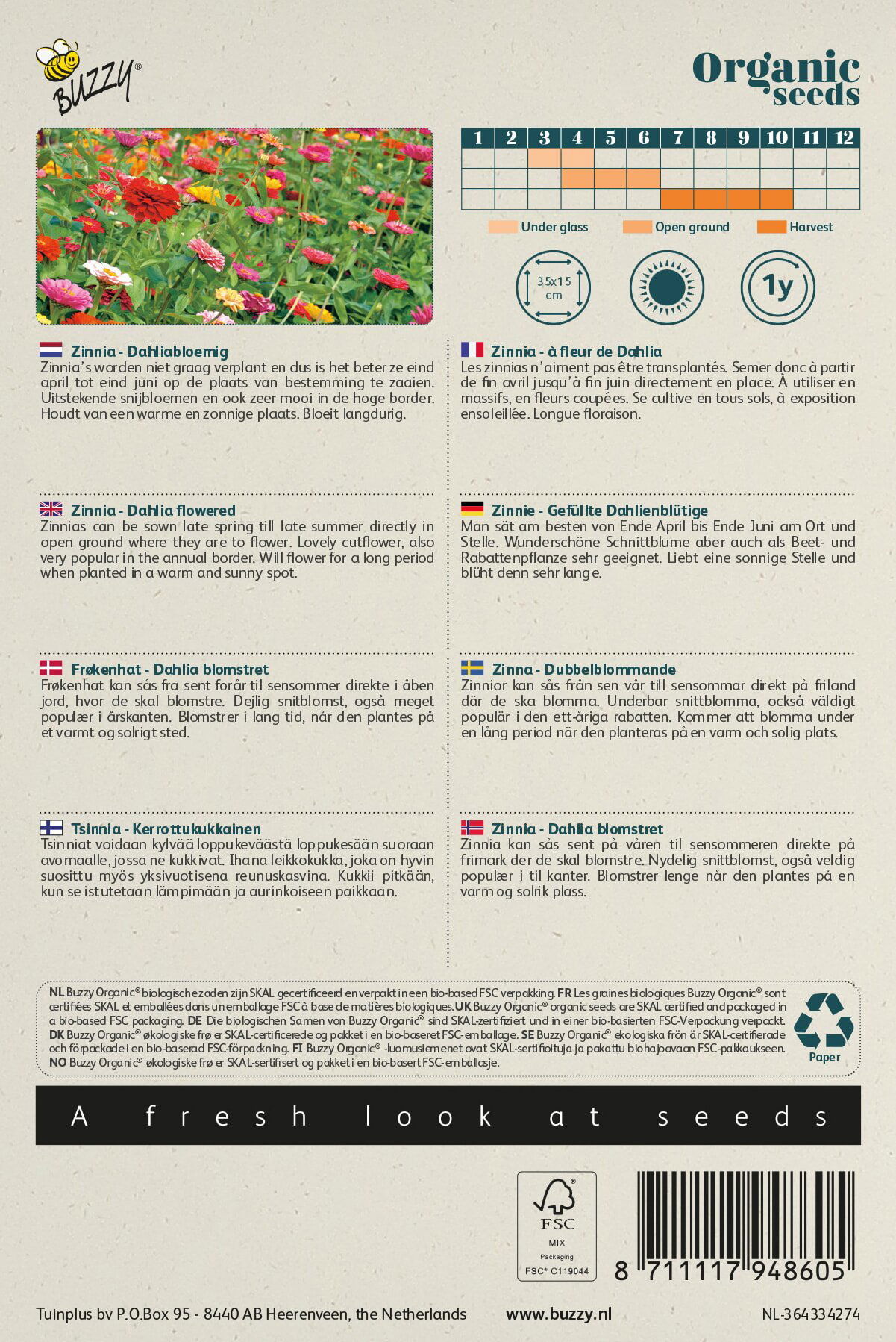 Frøpose til økologiske zinnia med farverige blomster