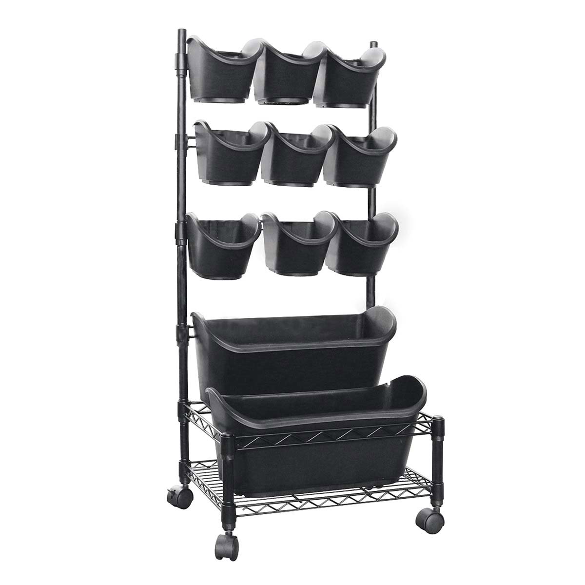 Mobil sort opbevaringsreol med flere plastbakker