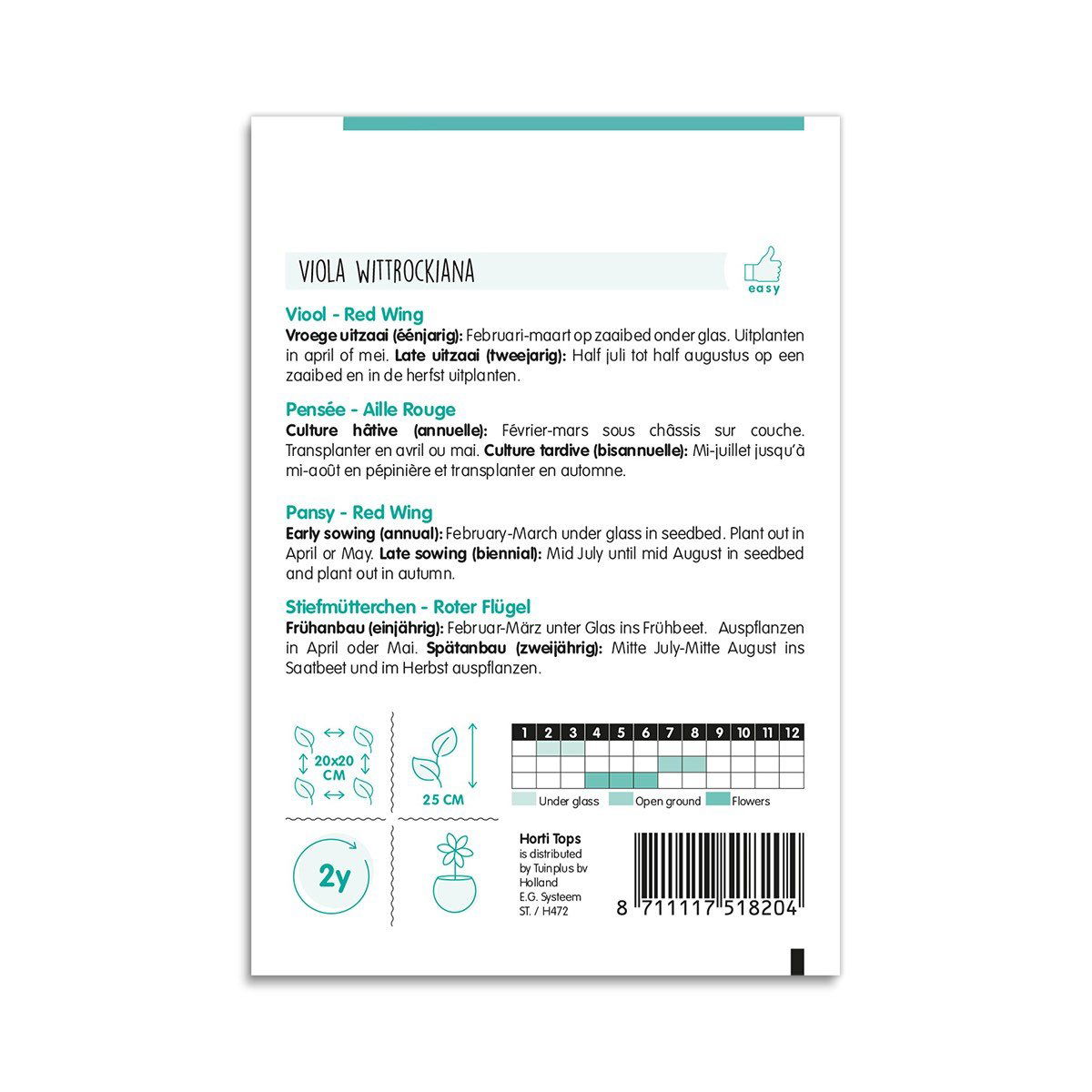 Bagside af Viola Wittrockiana Red Wing blomsterfrø