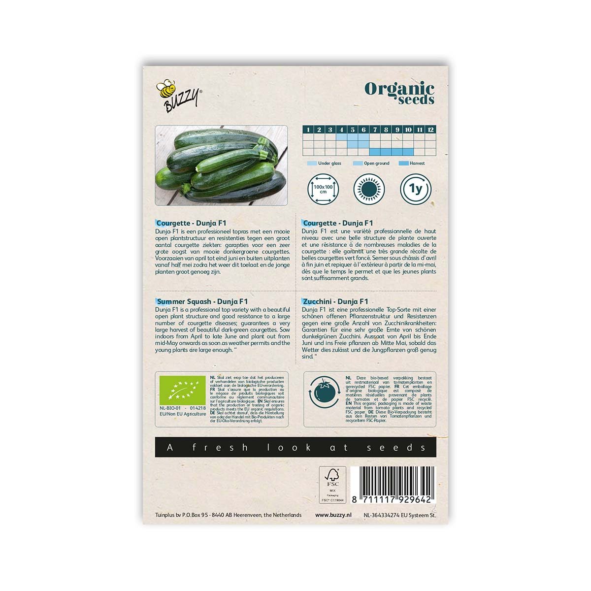 Økologiske courgettefrø Dunja F1 Bagside af pose med økologiske courgettefrø Dunja F1
