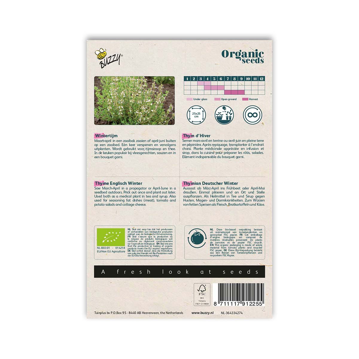 Bagside af pose med økologiske vintertimian frø