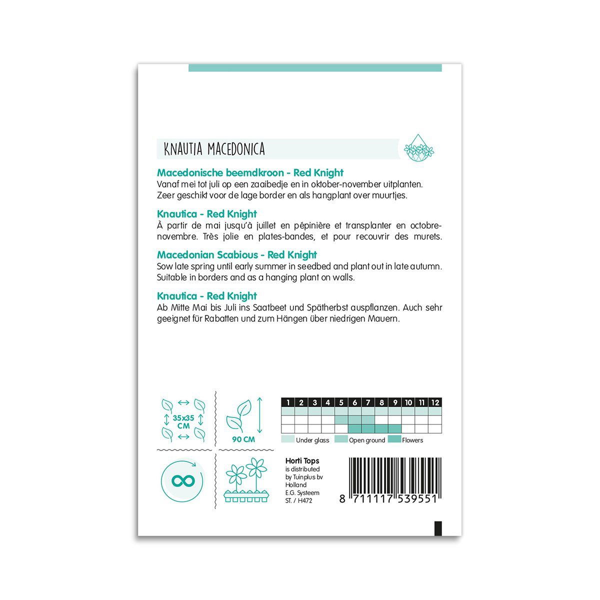 Bagside af frøpose til Knautia macedonica Red Knight