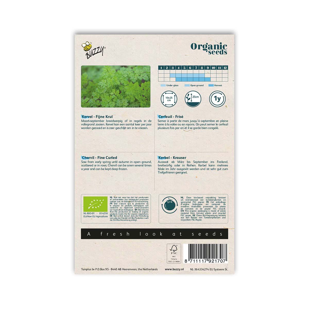 Bagside af pose med økologiske kørvelfrø