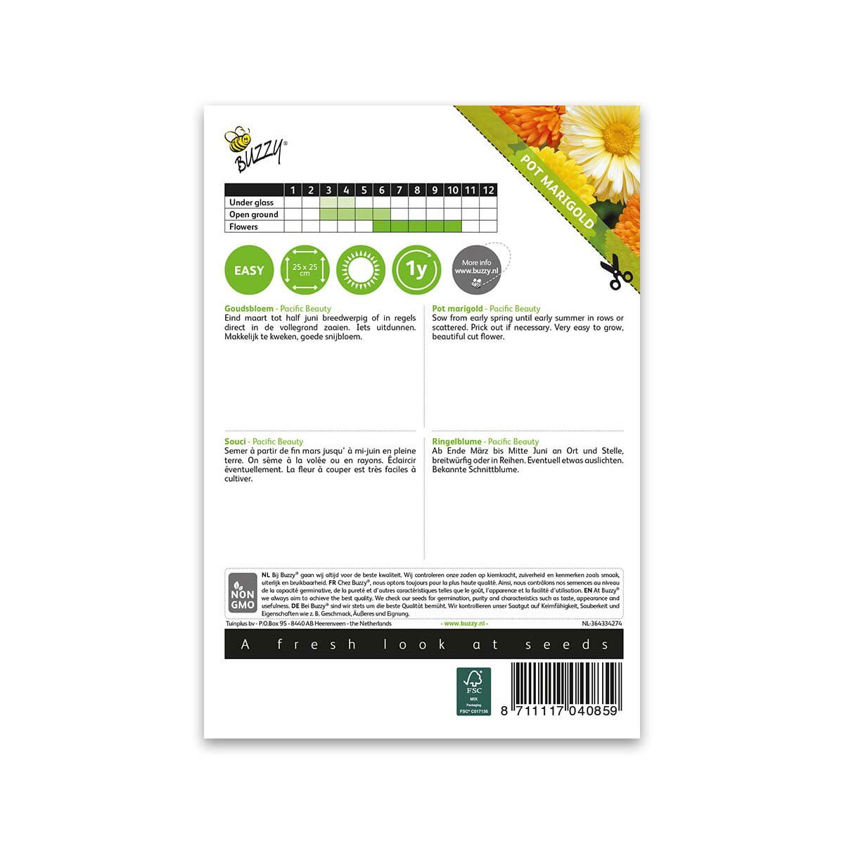 Buzzy Pot Marigold frøpose Pacific Beauty bagside