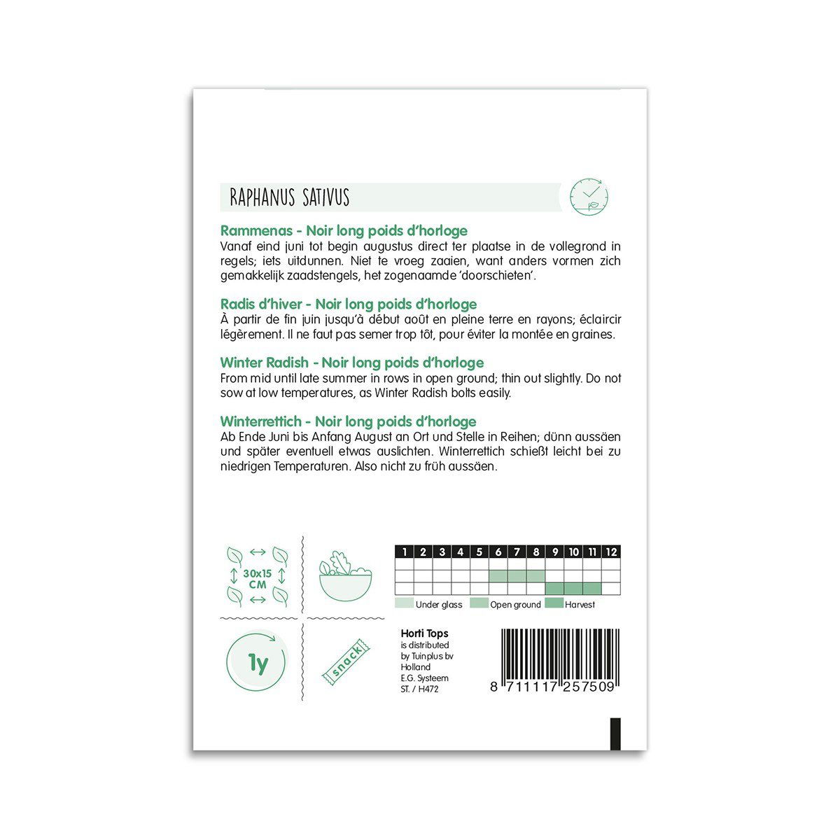 Bagside af pose med vinterradise frø Noir long poids d’horlo