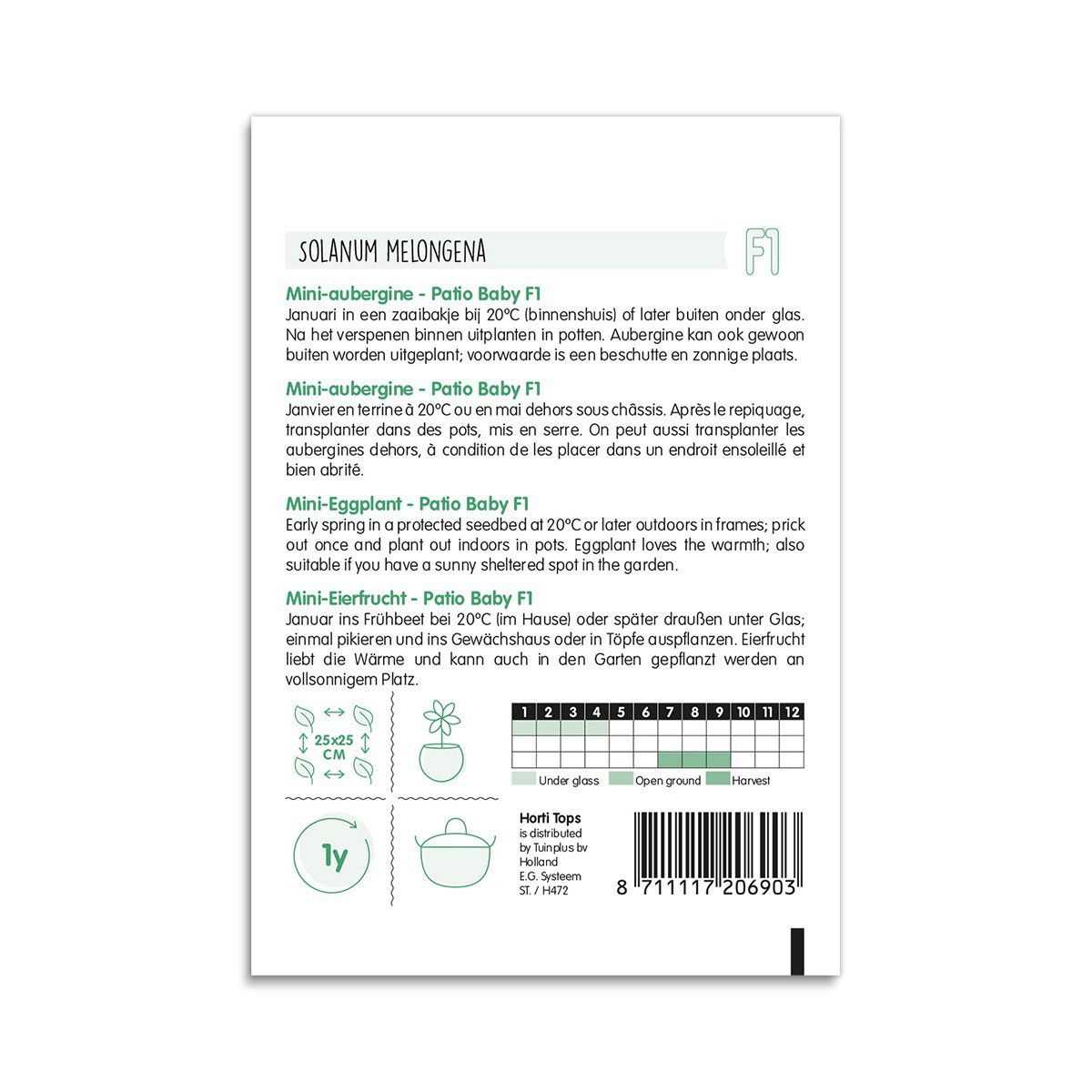 Bagside af frøpose til mini-aubergine Patio Baby F1