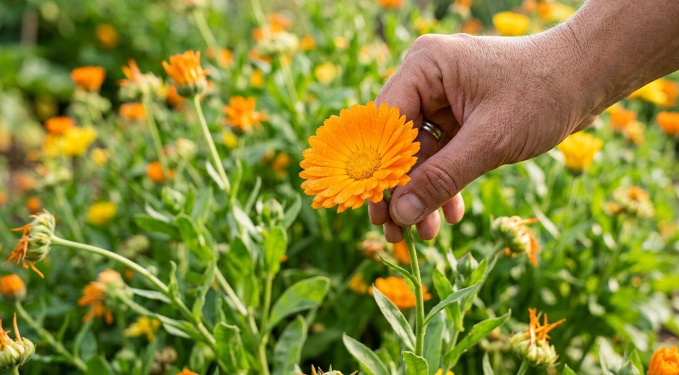 Nærbillede af en hånd, der holder en orange morgenfrue (Calendula) over et grønt blomsterbed