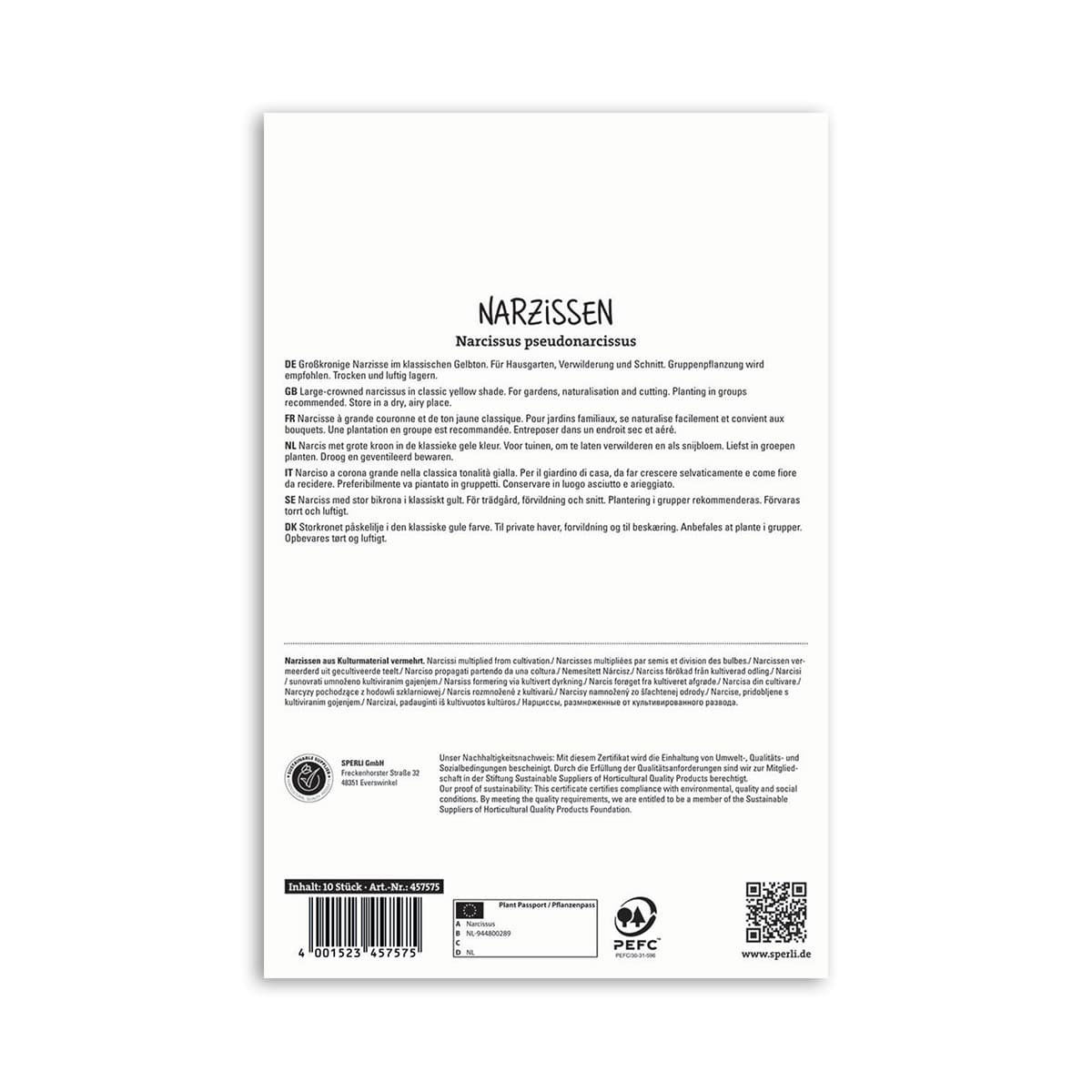 Bagside af emballage til narcisser løg, produktinformation