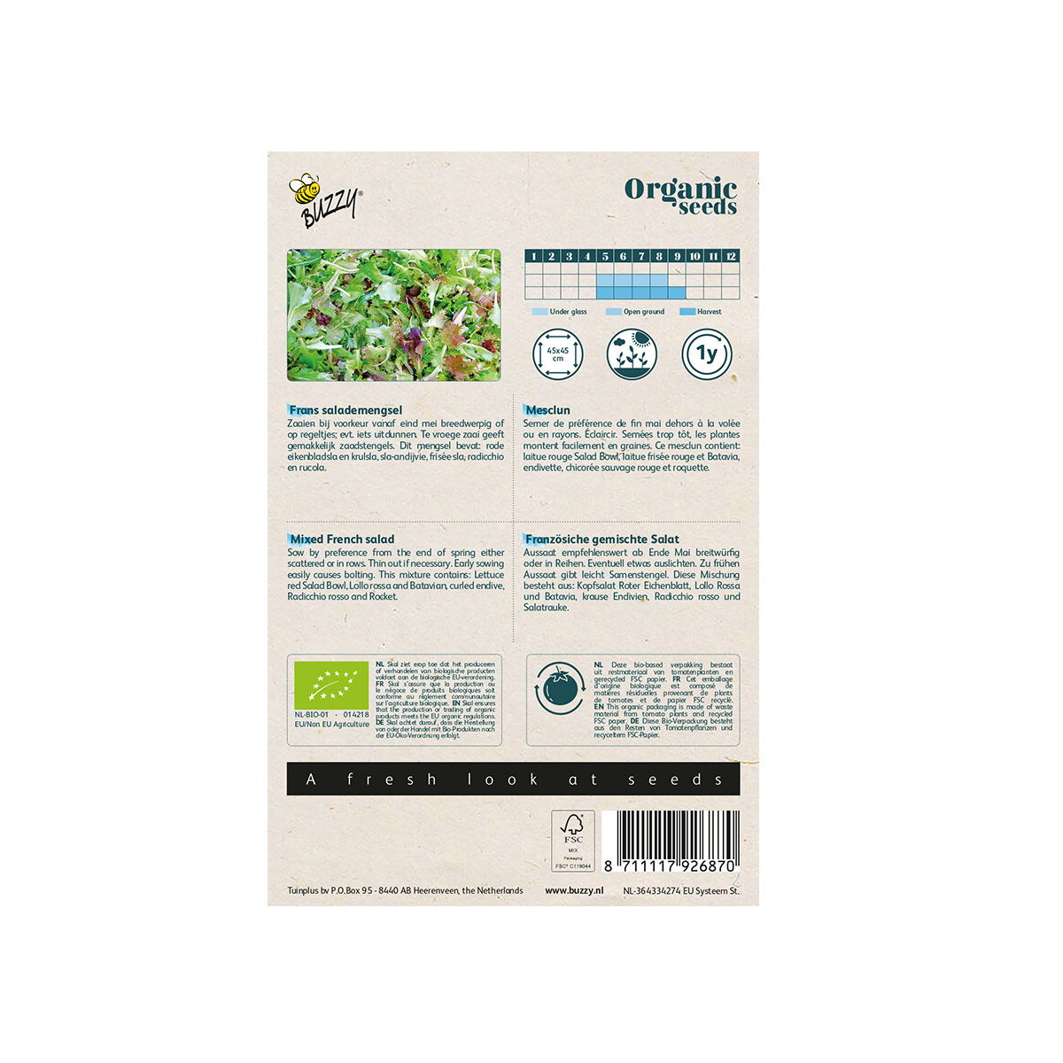 Buzzy Seeds økologiske franske salatfrø pose bagside