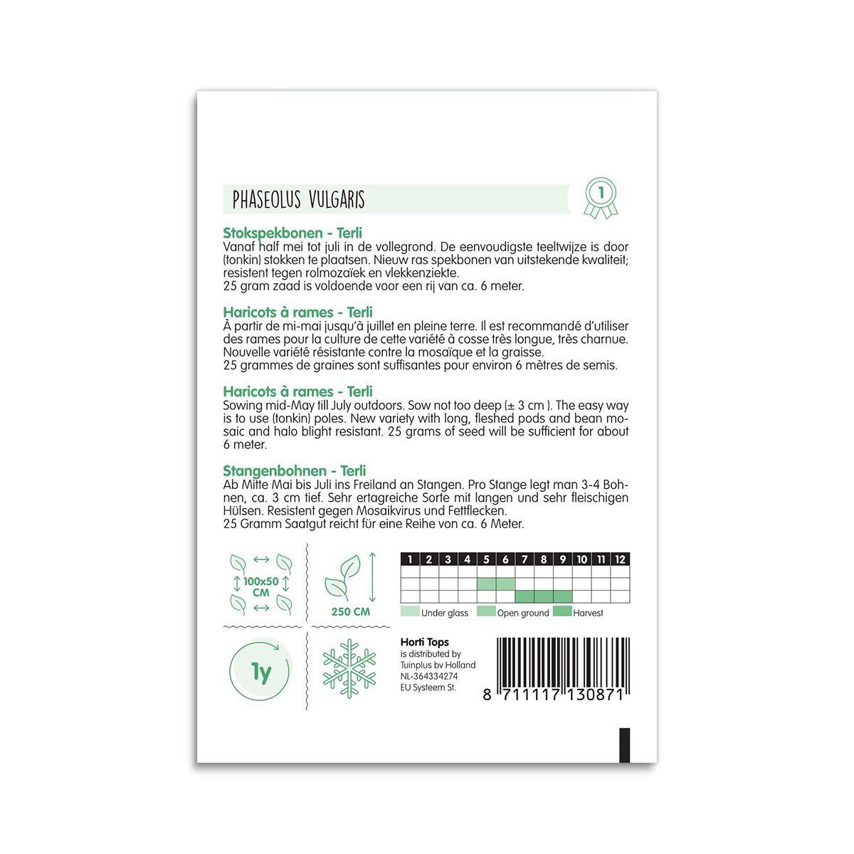 Bagside af pose med stangbønnefrø Terli