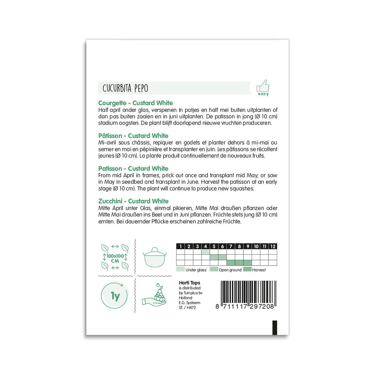 Bagside af frøpose til squash ‘Custard White’