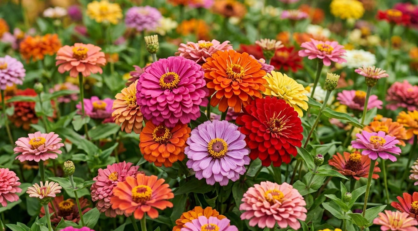 Buket af farverige zinnia-blomster i fuldt flor med tætte kronblade og grønne blade i baggrunden