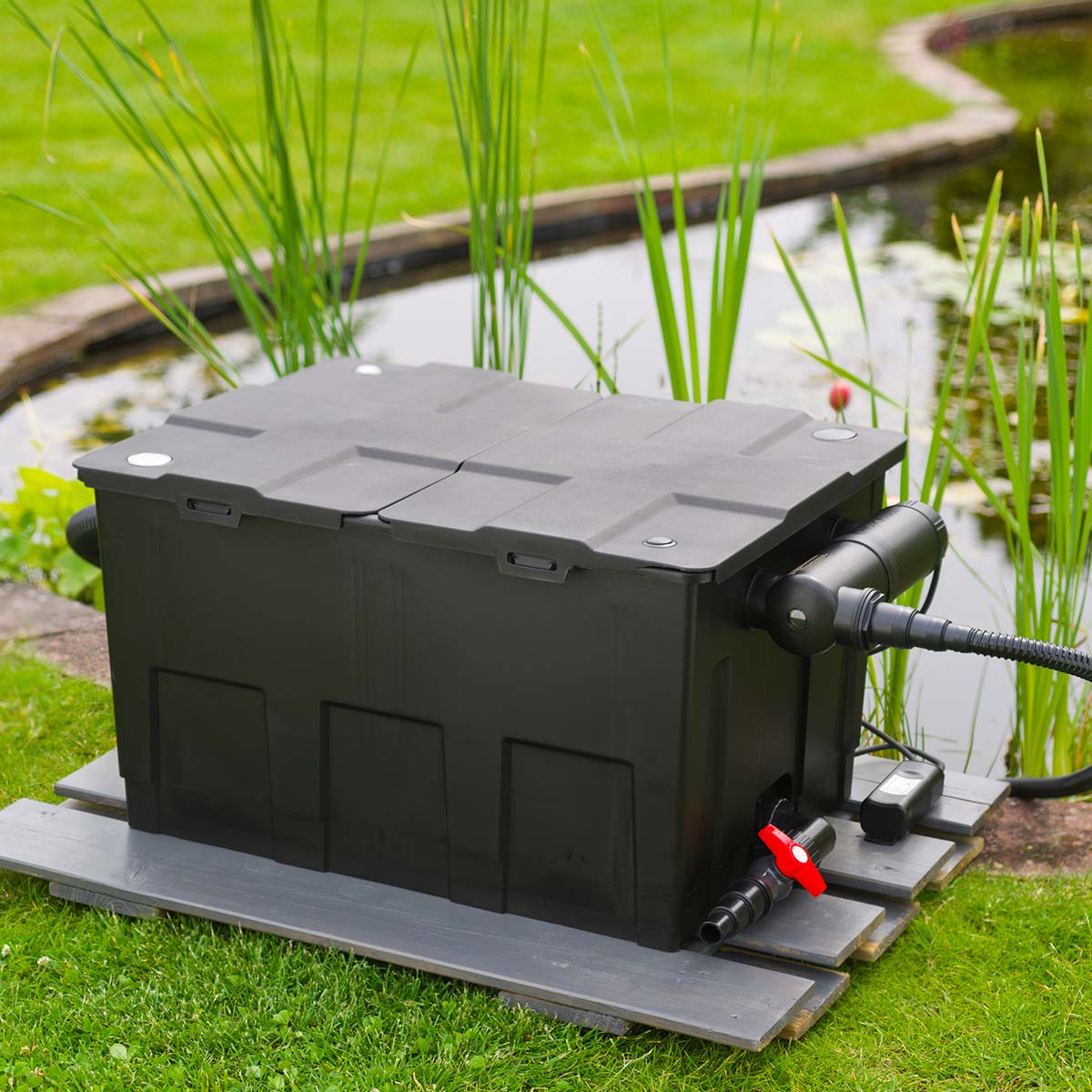 Sort havedamsfilter med slange ved havedam