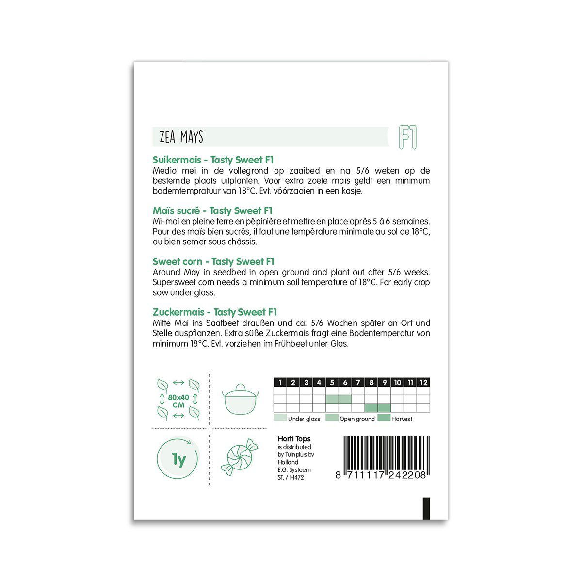 Bagside af Zea Mays Tasty Sweet F1 majsfrø med såvejledning