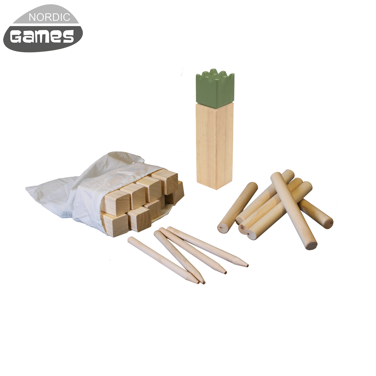 Kubb spil i træ med konge, pinde og taske