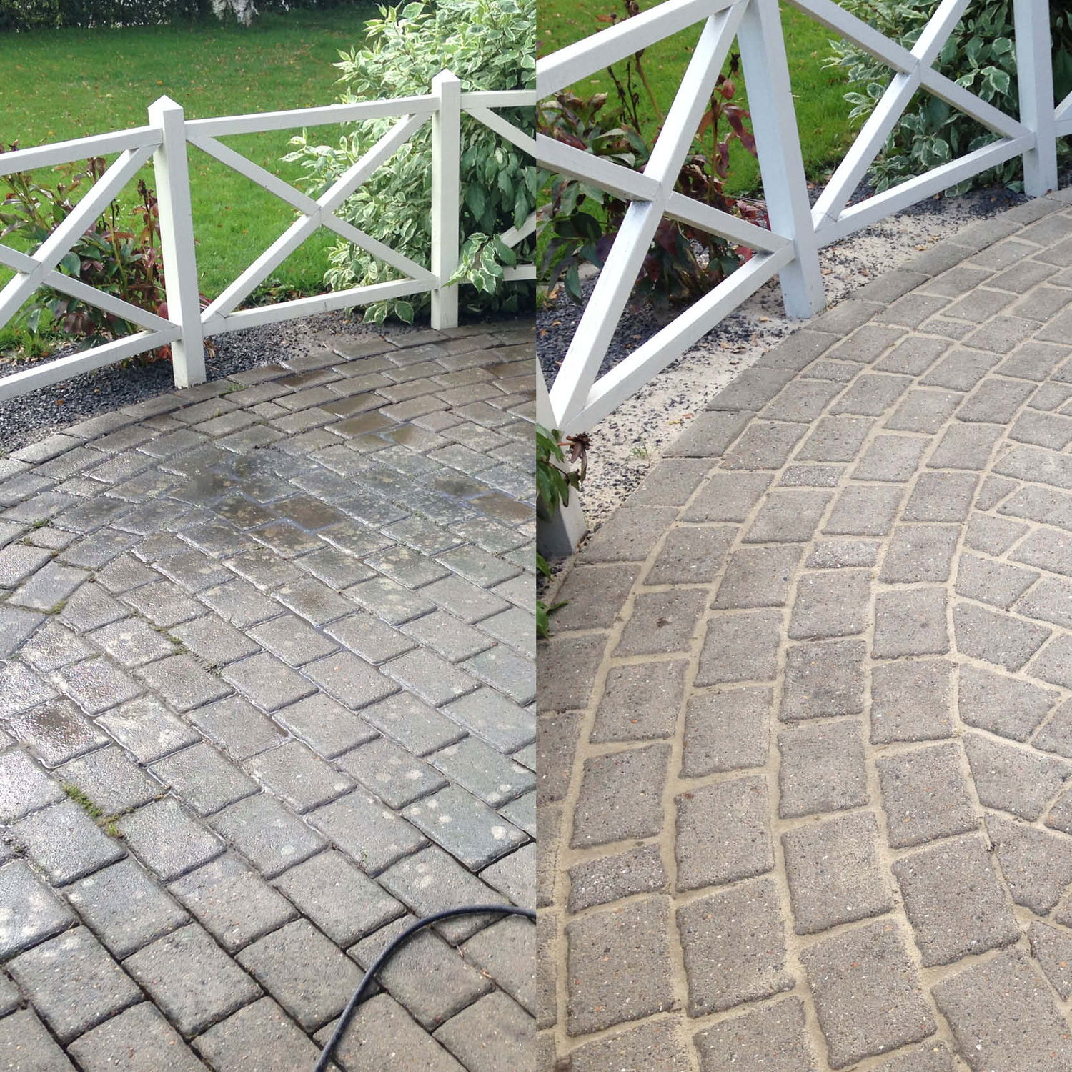 Rund indkørselsbelægning før og efter rensning