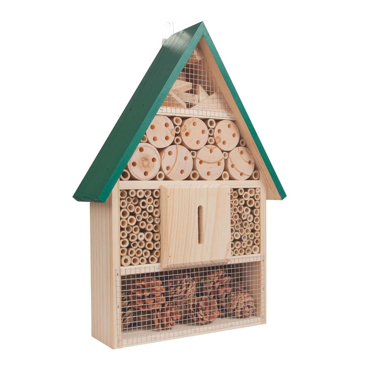 Træ insektshotel til haven med grønt tag