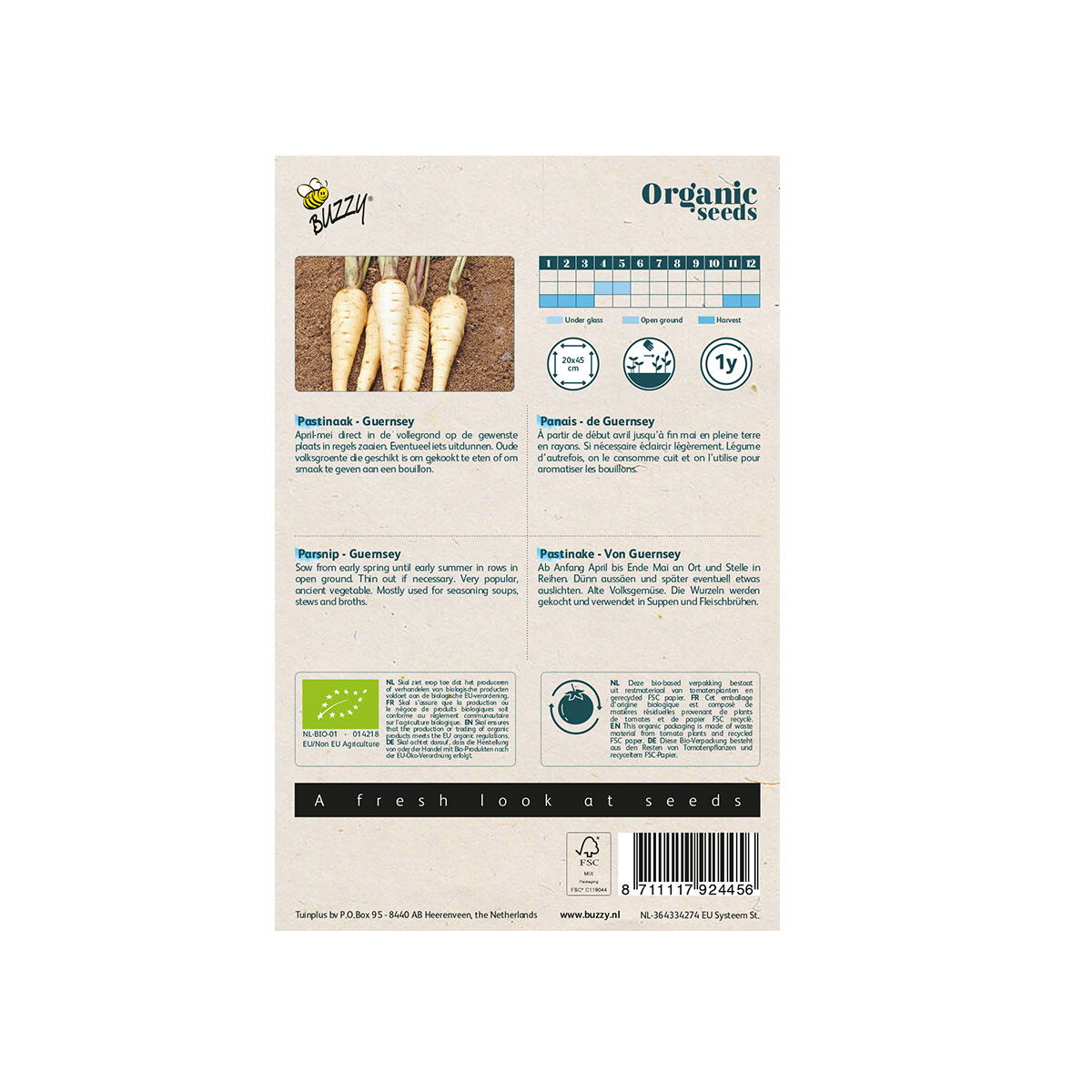 Buzzy økologiske pastinakfrø Guernsey pose bagside