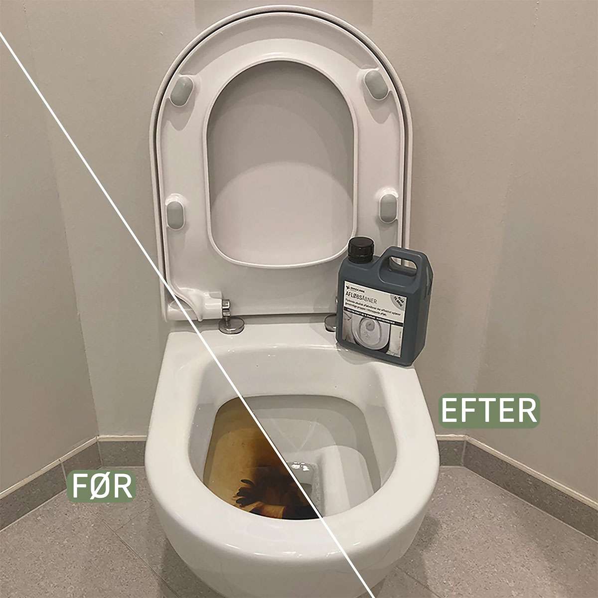 Toilet før og efter brug af effektiv toiletrens