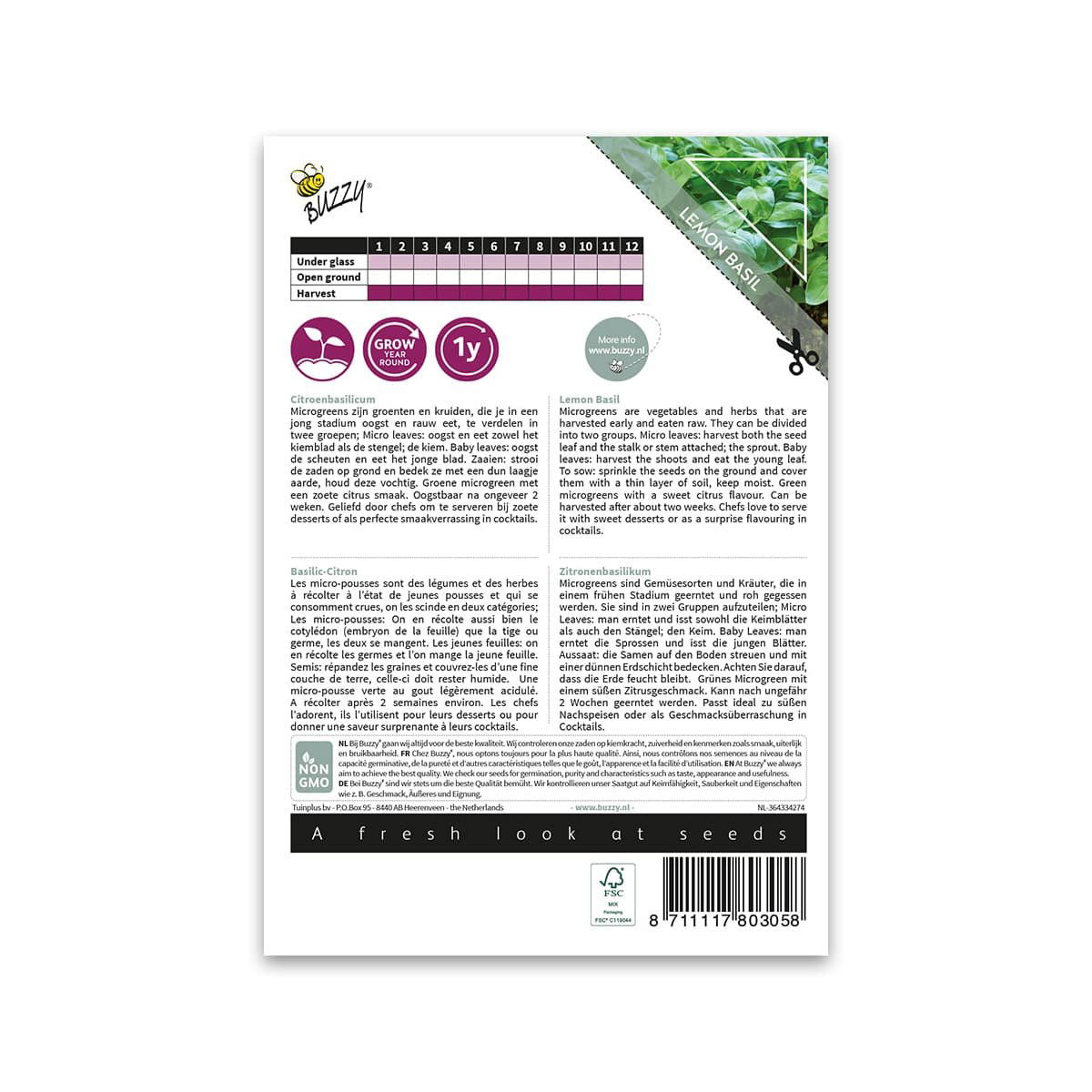 Buzzy Lemon Basil microgreens frøpose bagside