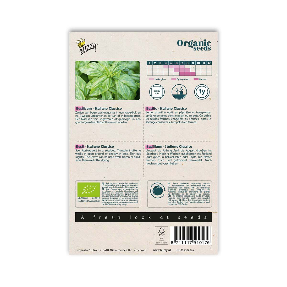 Bagside af pose med økologiske basilikumfrø