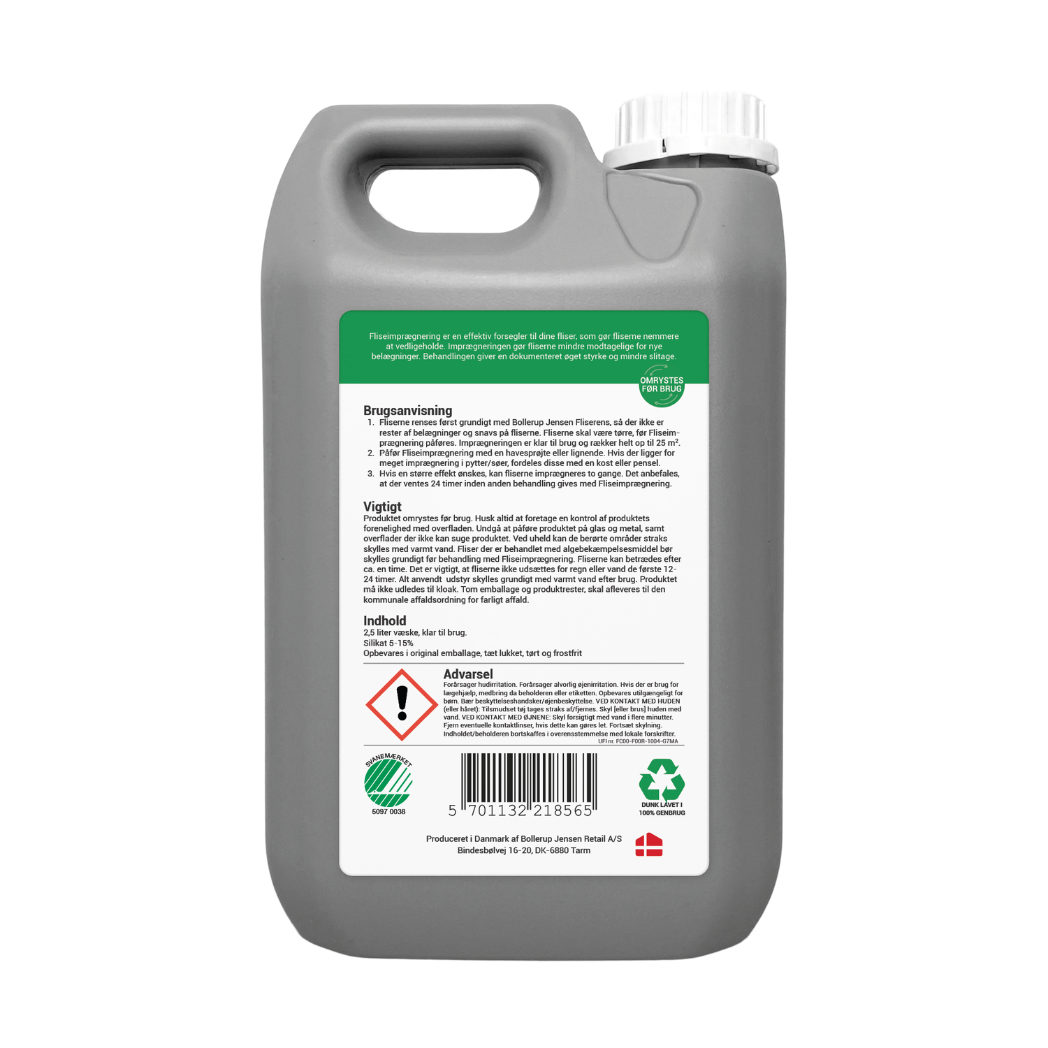 Grå 2,5 l dunk med fliserens og dansk etiket