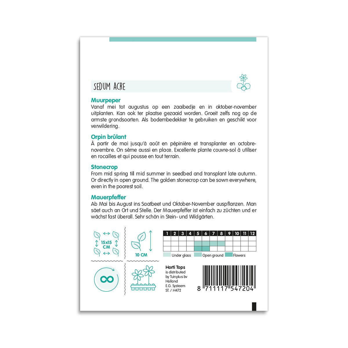 Bagside af Sedum acre frøpose med dyrkningsvejledning