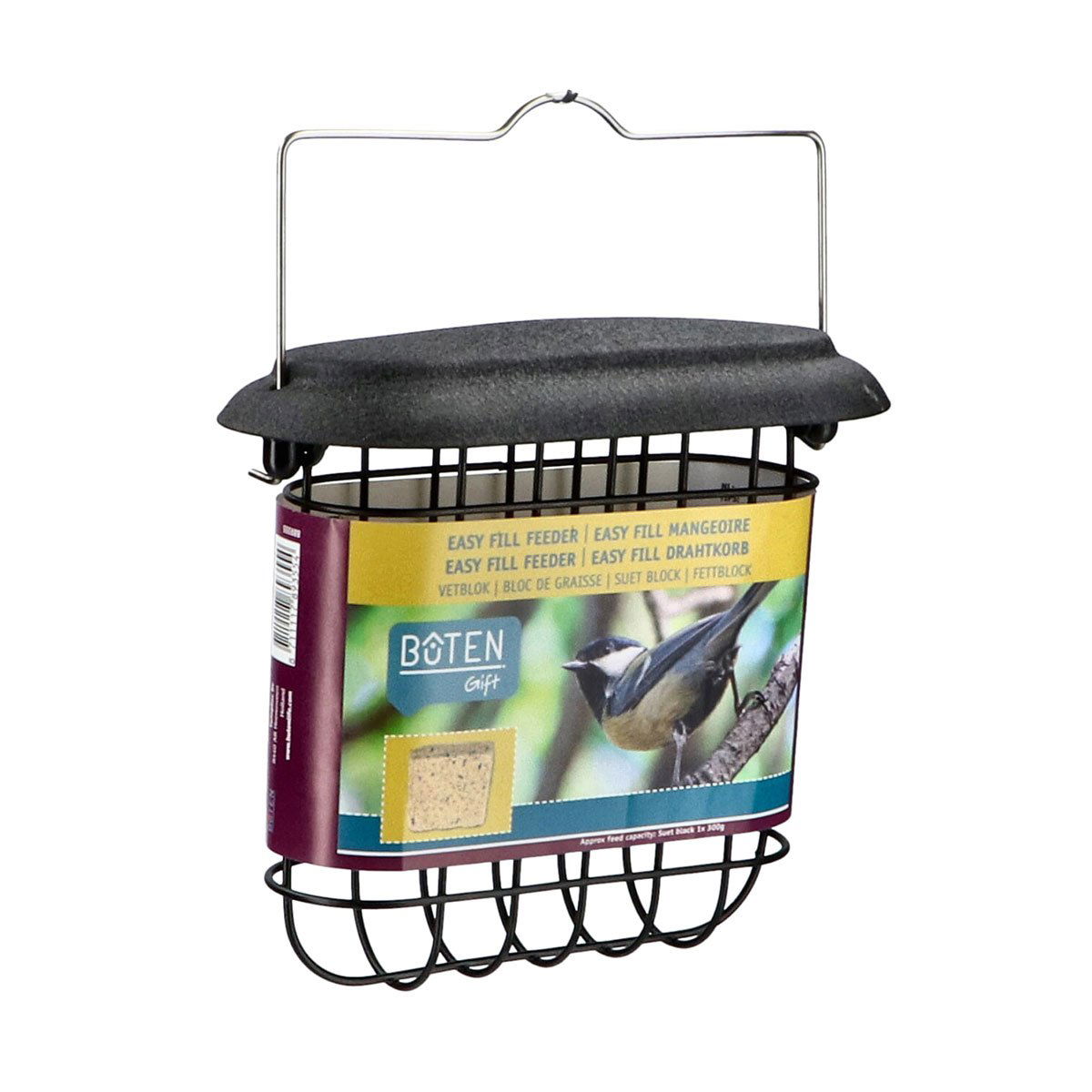 Sort metal foderkurv til fedtblok med låg