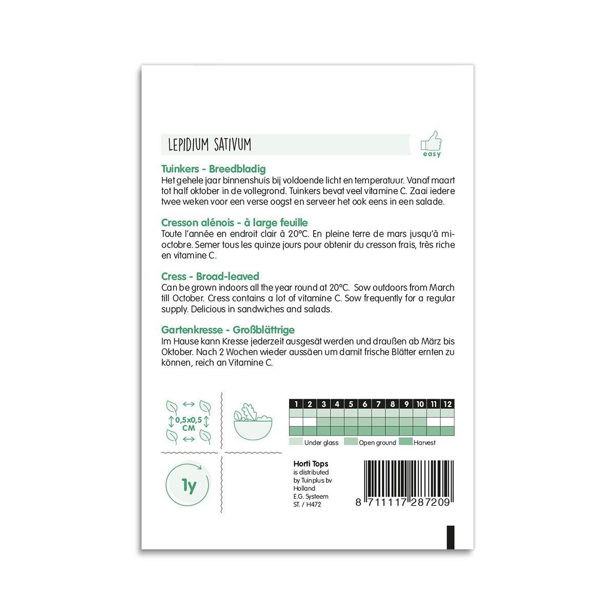 Bagside af frøpose til bredbladet havekresse