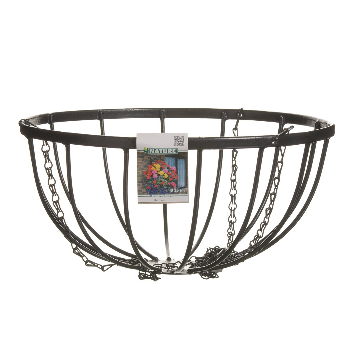 Rund sort hængekurv i metal til blomster 35 cm