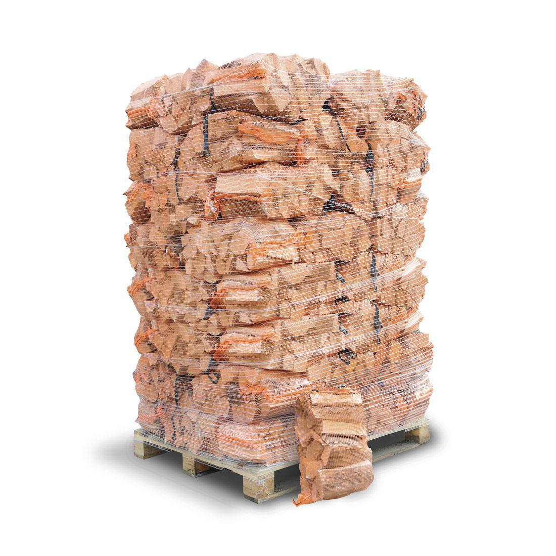 Stor palle med ovntørret brænde i netsække