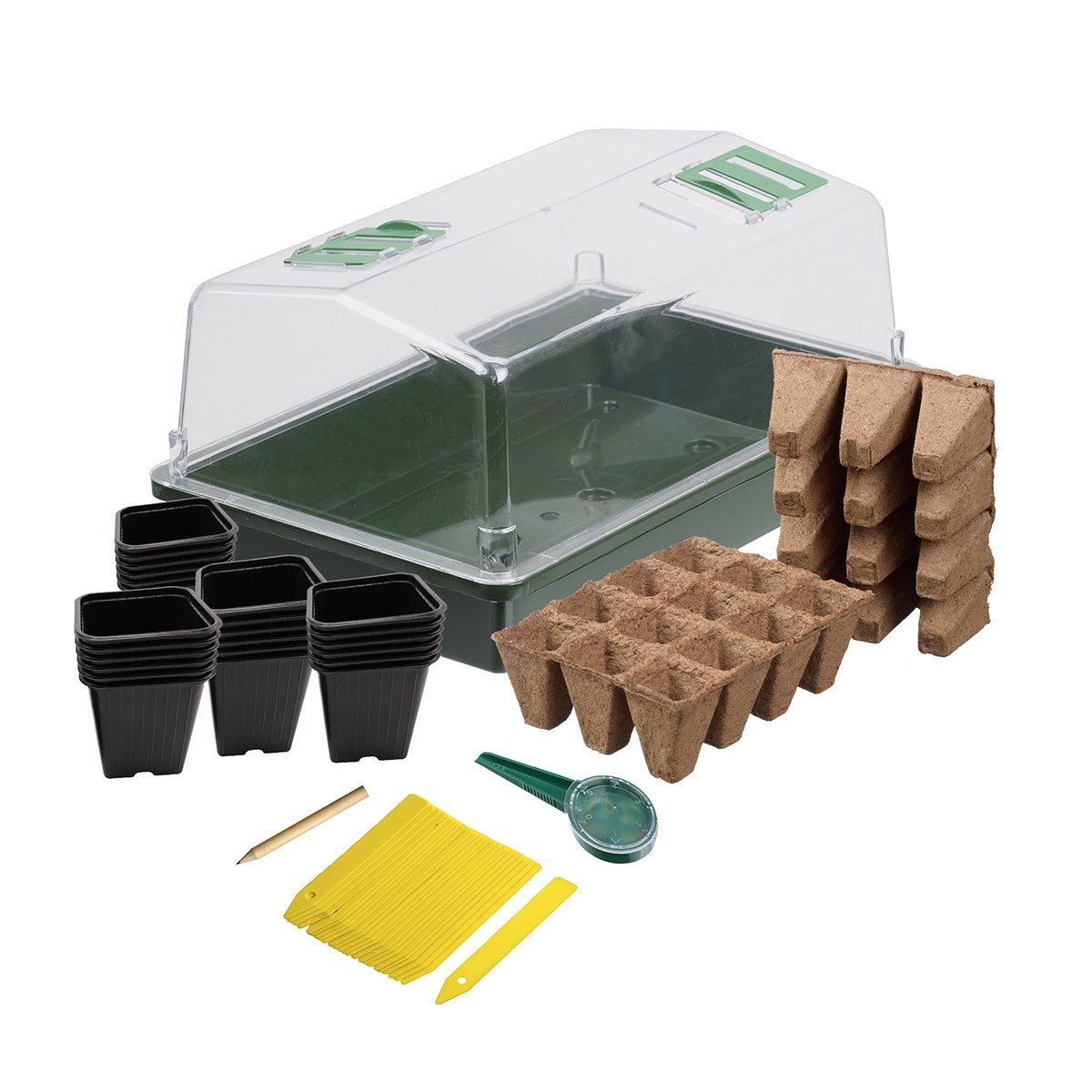 Mini drivhus sæt med såbakker, potter og planteetiketter