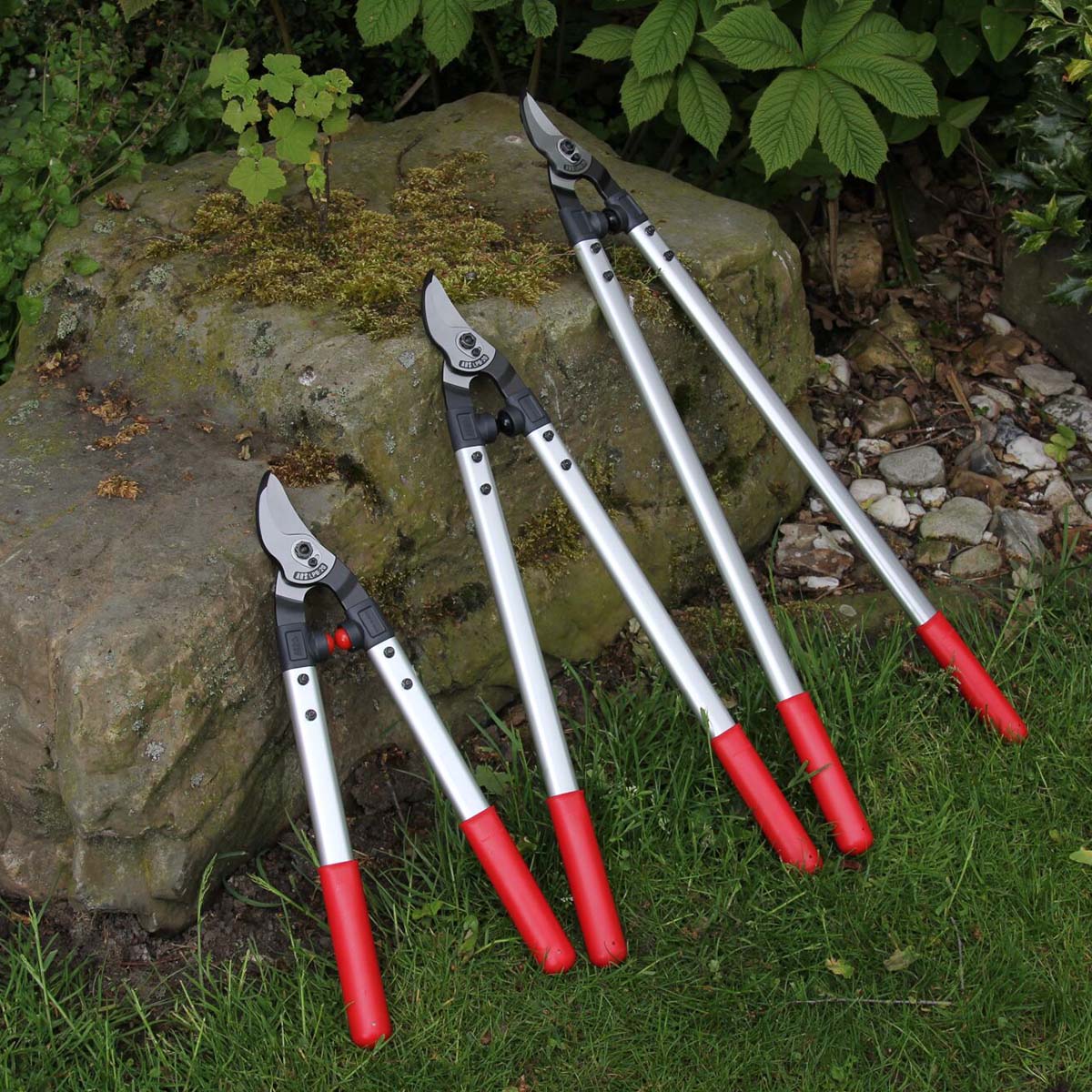 Sæt med fire grensakse med røde håndtag i haven