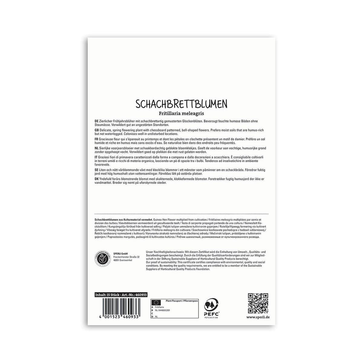 Bagside af pakke med Schakbrætblomst Fritillaria meleagris