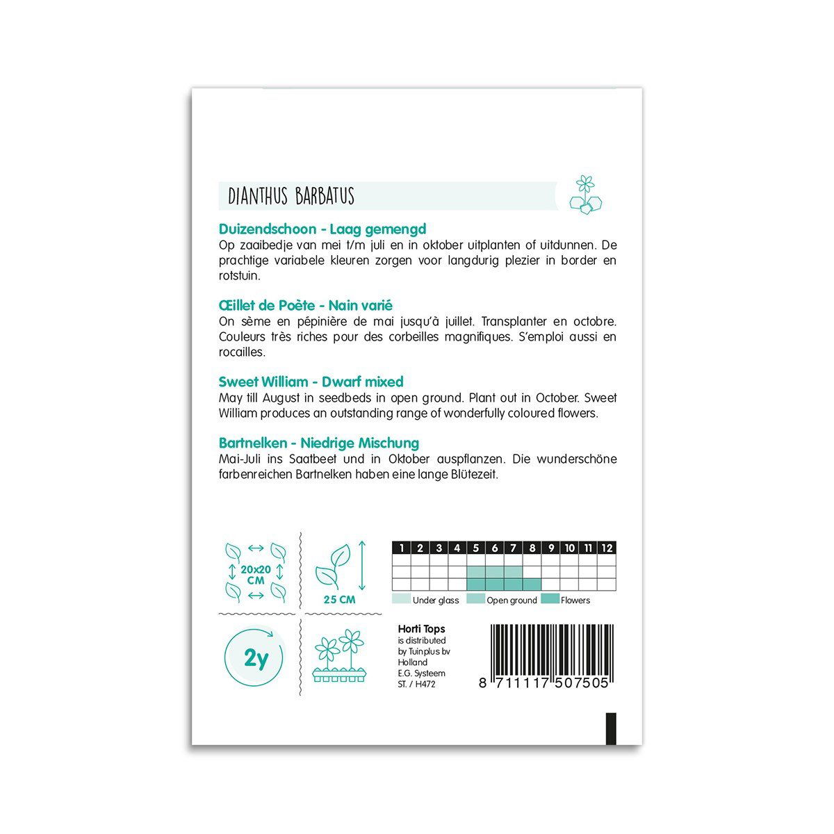 Bagside af pose med frø til studenternellike
