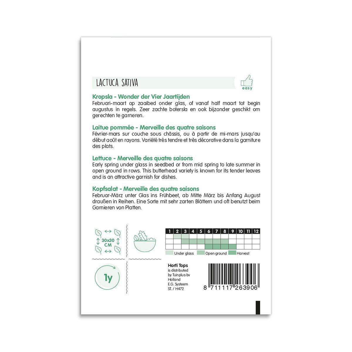 Bagside af salatfrøpose Wonder of Four Seasons