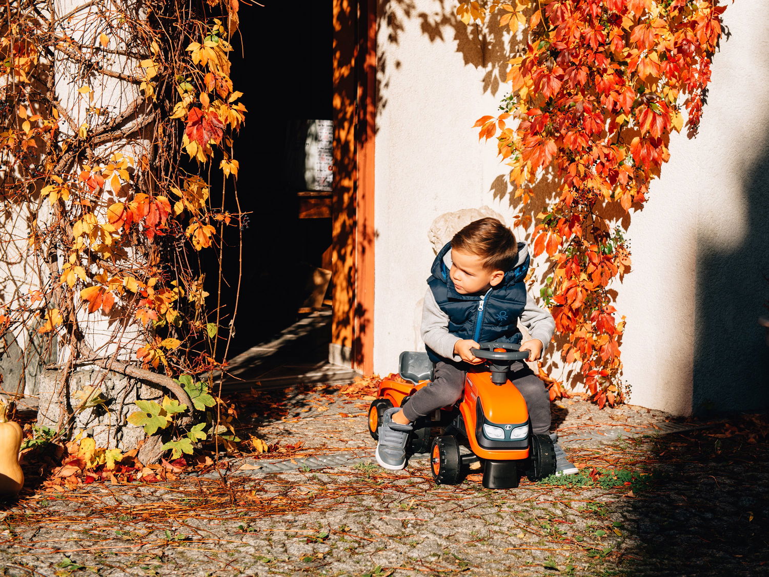 Lille dreng leger ude på orange pedaltraktor i efteråret
