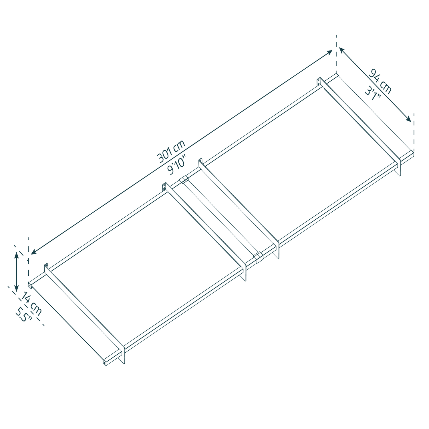 Teknisk tegning af sengestel 301x94x14 cm