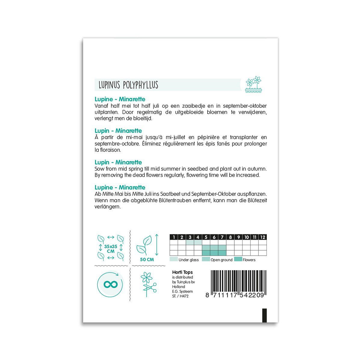 Bagside af pose med Lupin Minarette blomsterfrø