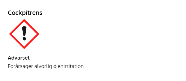 Cockpitrens med farepiktogram og øjenirritation-advarsel