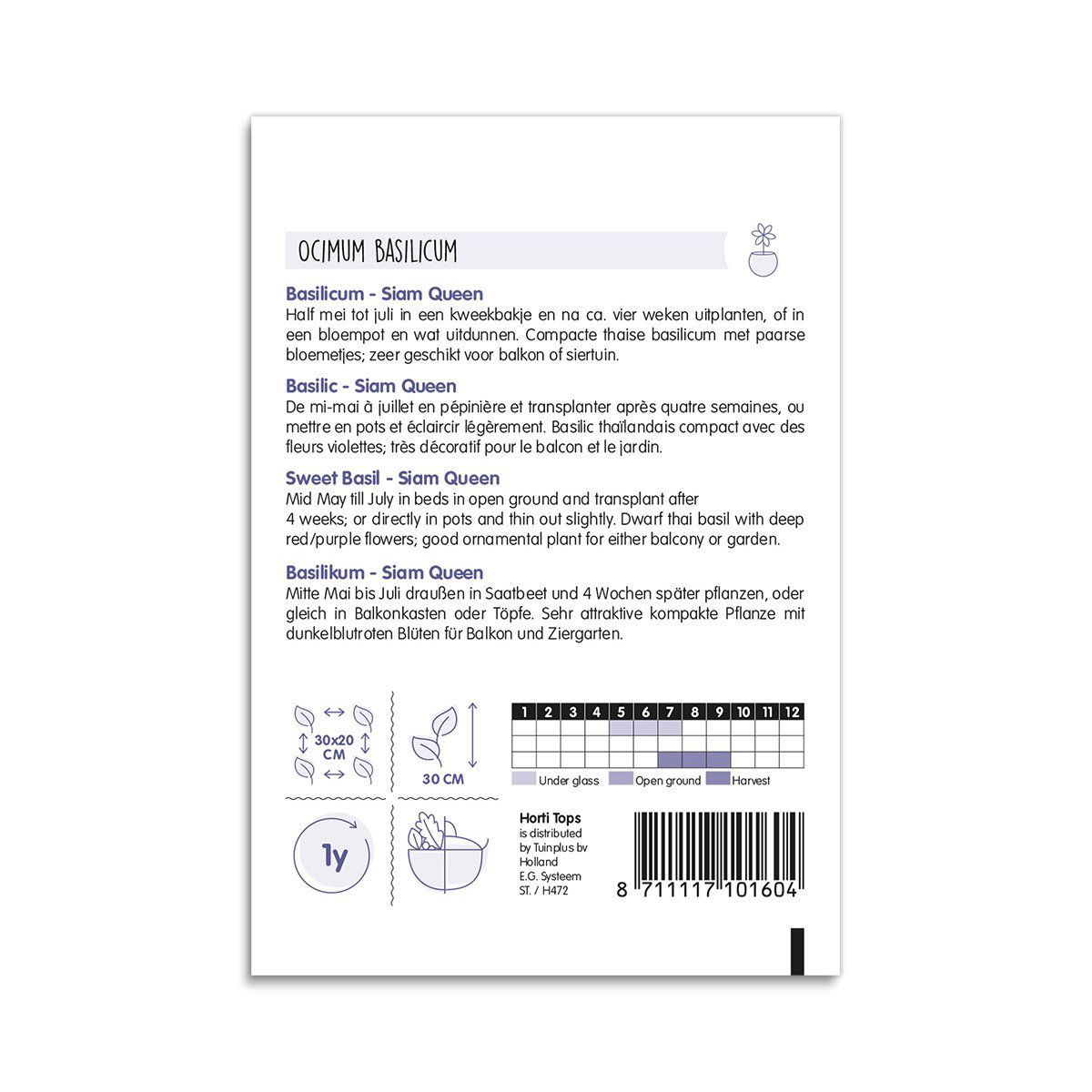 Pose med Siam Queen basilikumfrø og dyrkningsvejledning