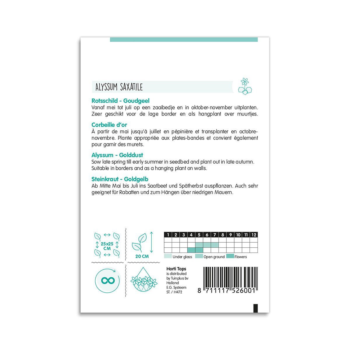 Bagside af frøpose til Alyssum saxatile gule stenbedsblomste