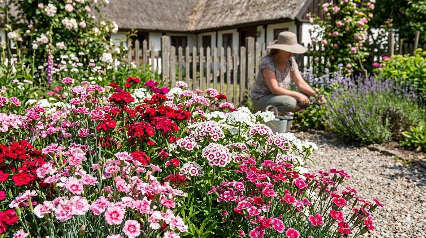 Nærbillede af røde, rosa og hvide nelliker i et blomsterbed, med en kvinde i solhat, der passer haven ved et stråtækt hus og et træhegn i baggrunden