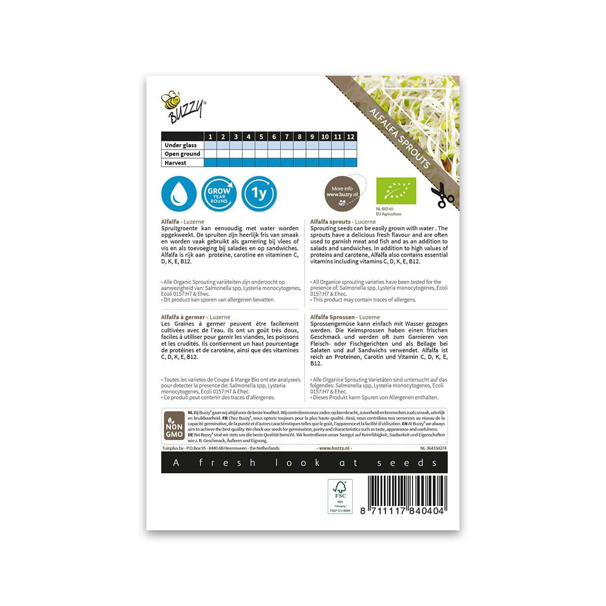 Bagside af pakke med alfalfa spirefrø